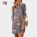 New summer fashion short sleeve print tie round neck dress